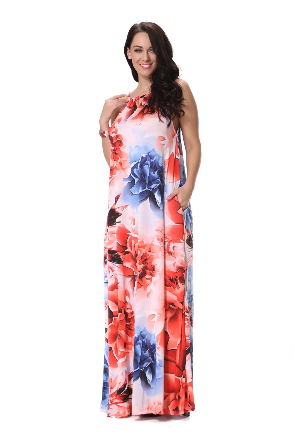 Женское свободное платье-макси с цветочным принтом без рукавов | Женская одежда