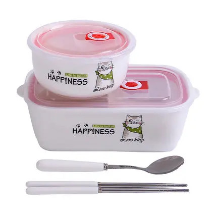 Горячая Kawaii животное керамический Ланч-бокс Procelain чаша Bento Ланч-бокс портативный пищевой контейнер посуда столовая посуда Set-Z0110 - Color: L