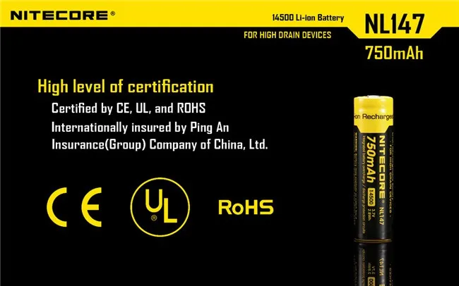 2 шт NiteCore NL147/NL1485 14500 3,7 V 750mAh 2.8Wh литий-ионная аккумуляторная батарея с защитой