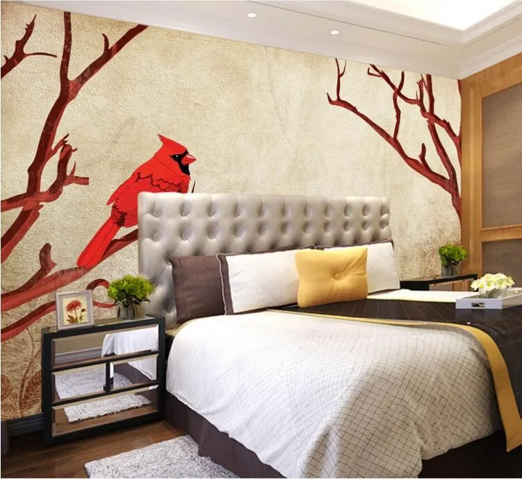 3d фрески на заказ ностальгические ретро Красные Птицы ветвях обои для гостиной