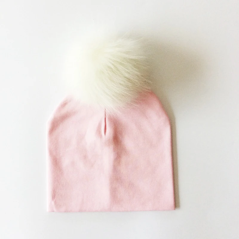 light pink Детская шапка, детская шапка из искусственного меха, хлопковая шапка с помпоном для девочек и мальчиков, полосатые детские шапки - Цвет: light pink