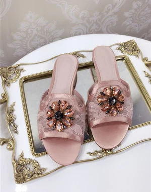 as pic KALMALL sapato feminino/Новые летние шлепанцы; обувь на плоской подошве; Потрясающие наружные горки с бриллиантами; Роскошный цветок со стразами; кружевные шлепанцы - Цвет: as pic
