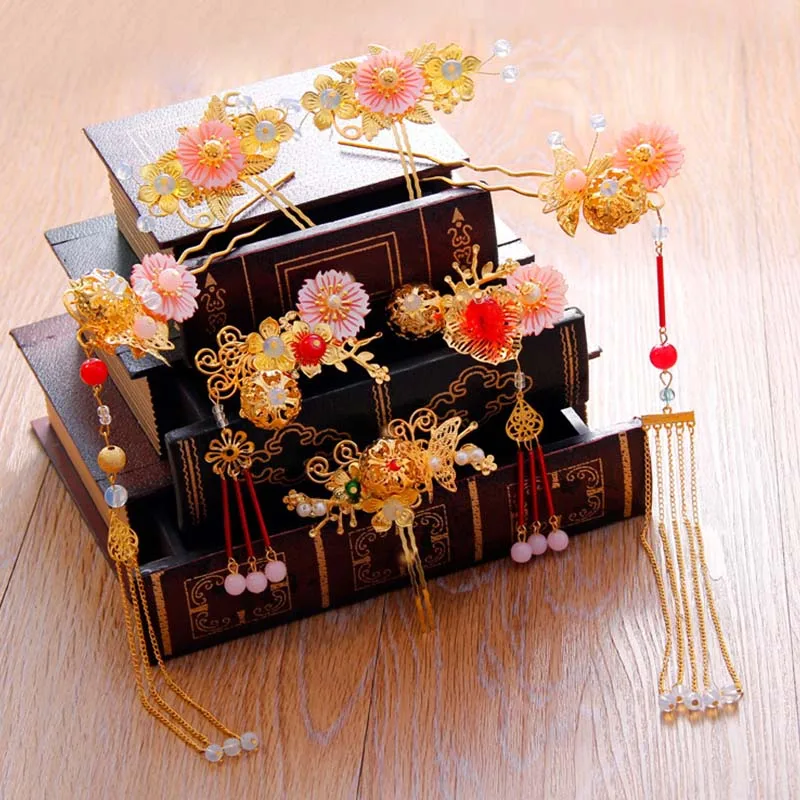 Chinese Gold Long Tassel Hair Stick Hairpins Phoenix Tiaras Earrings Handmade Flower Bridal Jewelry Sets Wedding Accessories LB