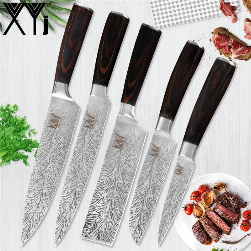 G.5pcs set XYj 8 шт. кухонный инструмент ножи из нержавеющей стали набор дамасских вен острое лезвие, поварской нож 8 ''кухонный держатель точилка барные инструменты - Цвет: G.5pcs set