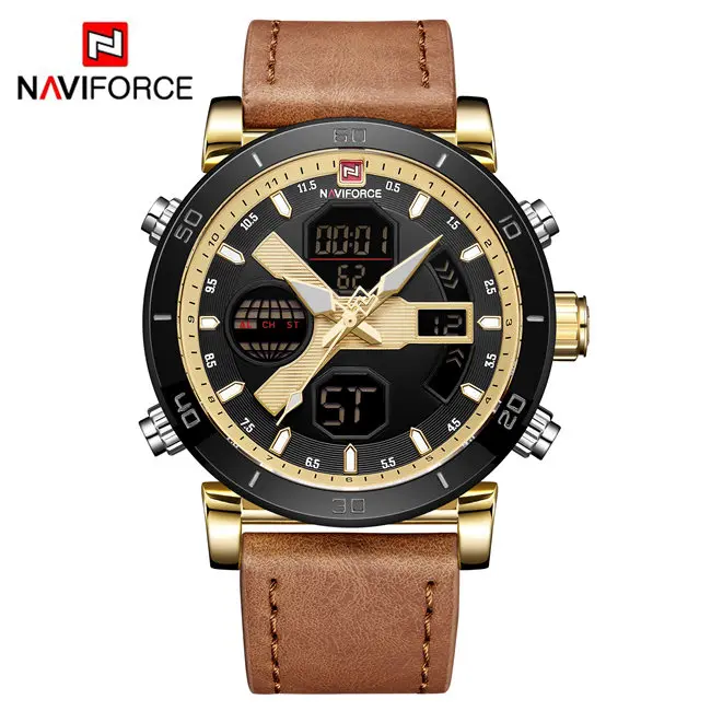 GGLBN NAVIFORCE, Брендовые мужские часы, спортивные, военные, двойной дисплей, кожаные, круглые, 3 АТМ, водонепроницаемые, многофункциональные, наручные часы, мужские часы - Цвет: GGLBN