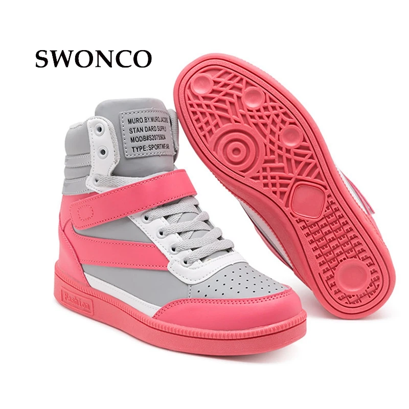 

SWONCO 2018 Women Casual Shoes Platform Hidden Increasing Sneakers PU Leather Shoes Woman Breathable High Top White Shoe