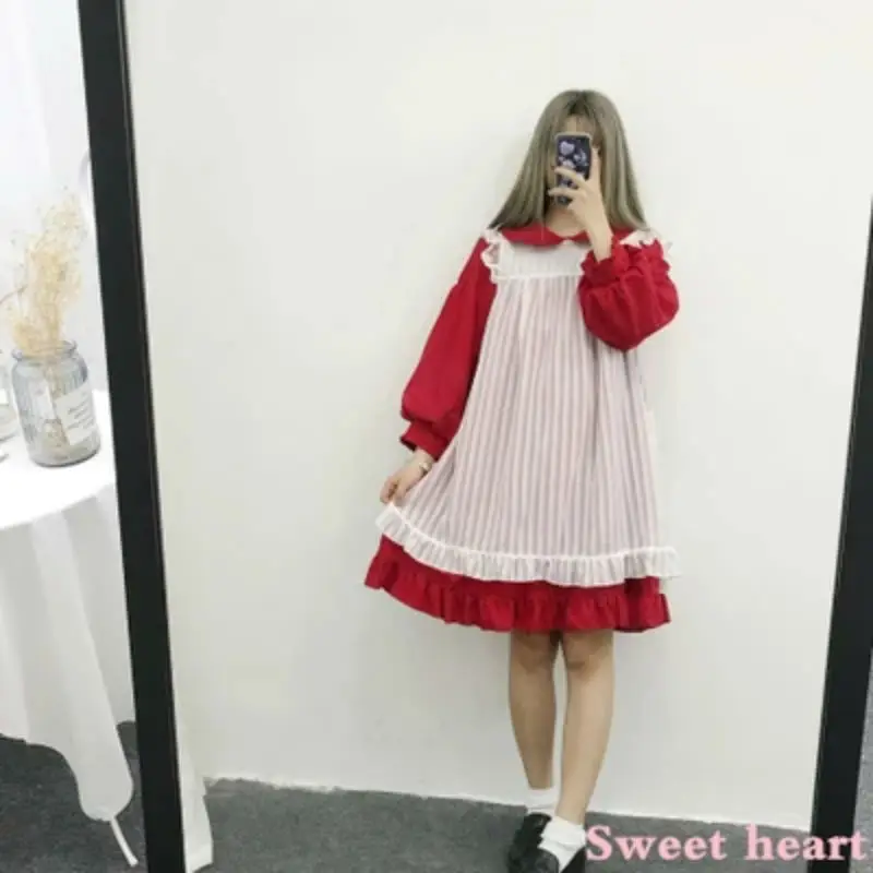 Женское платье в японском стиле Kawaii в стиле Лолиты; однотонные розовые и синие платья; милая втулка в стиле Лолиты для девочек; воротник-кукла с фартуком; юбка дворец
