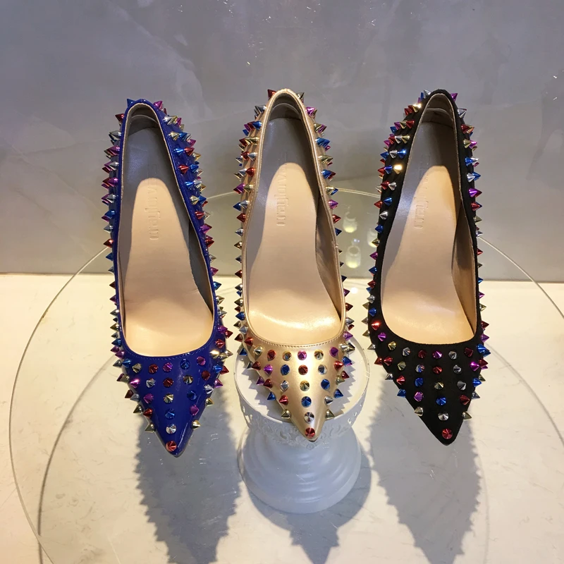 

Free shipping fashion women Pumps Casual Designer nude patent leather multi spikes point toe pumps shoes high heels 10cm 12cm 8