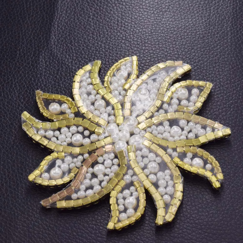 

10pcs/lot Hot fix Ivory pearl clothing patches iron on crystal AB rhinestones wedding dress sewing carft gold plated craft ST-08