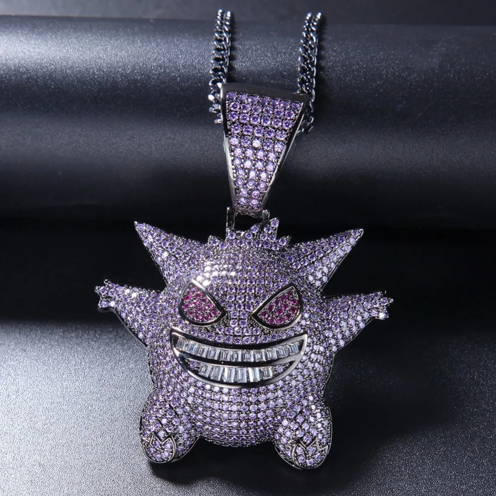 Инкрустированное цирконием золото серебро синий фиолетовый Забавный Gengar ожерелье животное аниме подвеска «эльф» мужские хип-хоп ювелирные изделия