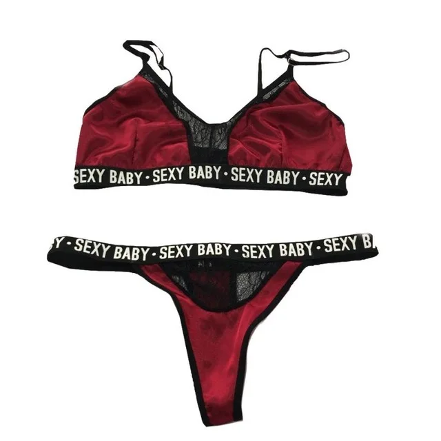Wine Сексуальная атласная Женская пижама с кружевом Bralette& Brief наборы женское нижнее белье сексуальное детское нижнее белье с буквенным принтом нижнее белье бюстгальтер трусики набор плюс размер бюстгальтер - Цвет: Wine