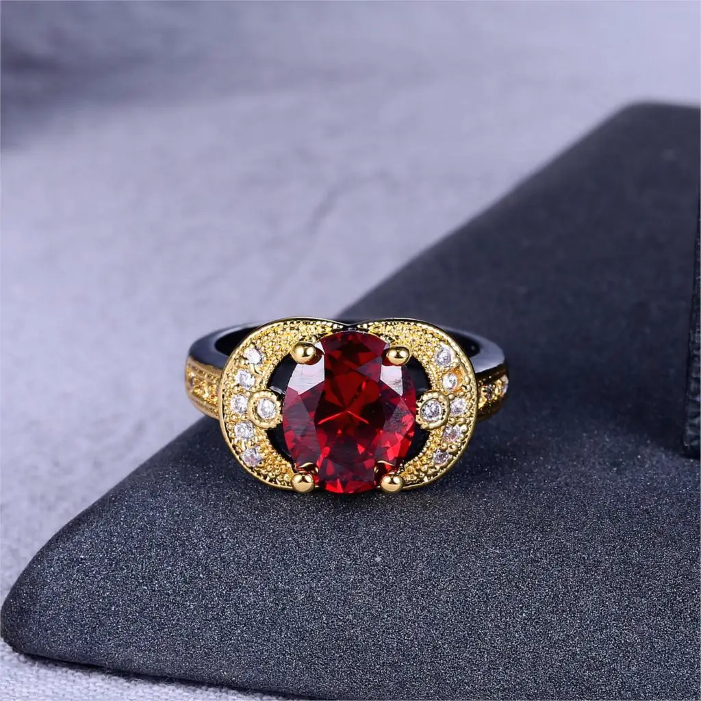 ZHE FAN Gold Color Oval Shape Fashion Cubic Zirconia Rings Black 2 Tone Plated Vintage Ring Size 6-9 For Wedding Gift | Украшения и