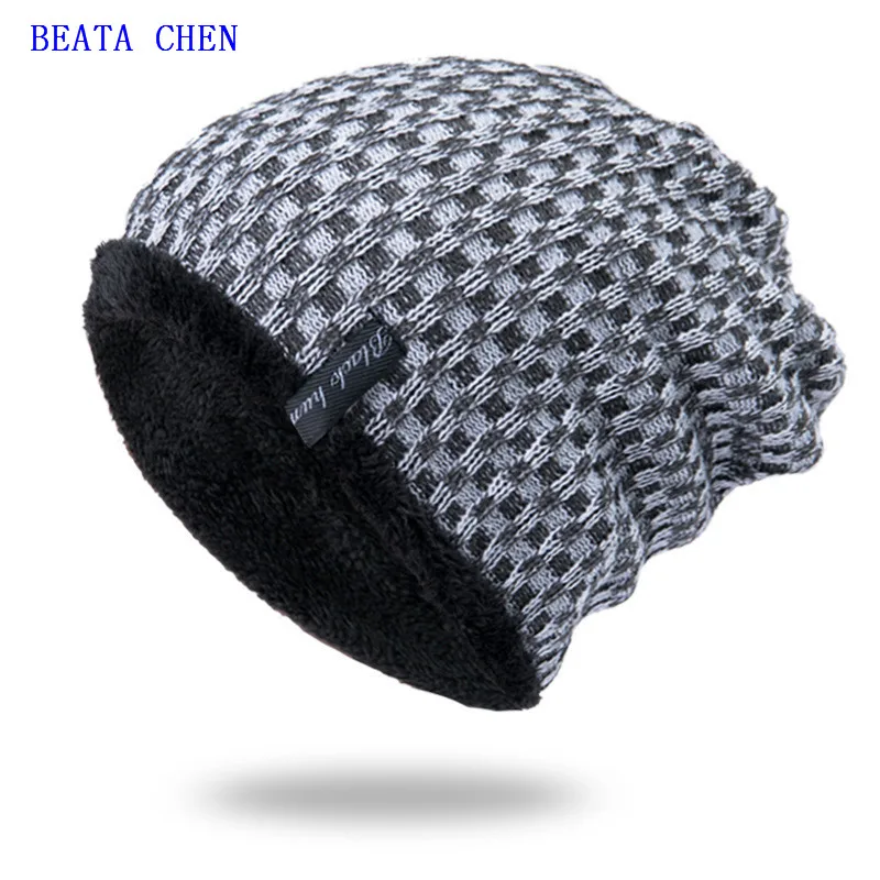 Beata Chen Men's hats winter youth warm and thickened knitted woollen hat fleece cotton head | Аксессуары для одежды