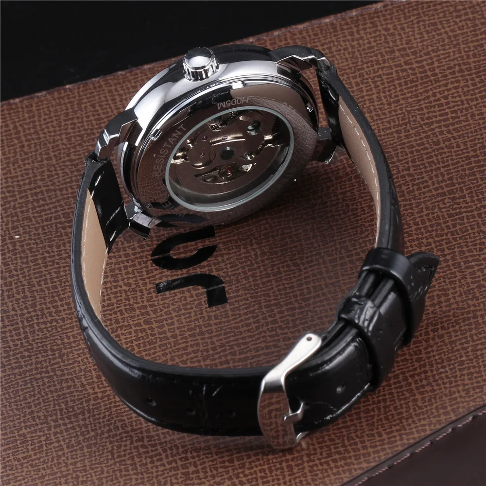 Мужские часы Winner черные дизайнерские с кожаным ремешком и гравировкой|watch teenage