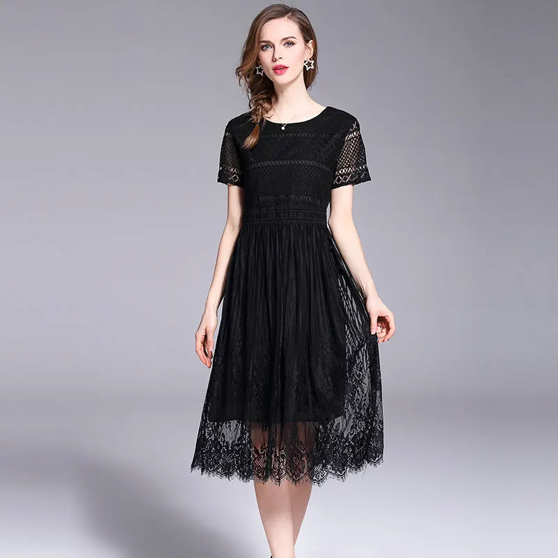 Женское летнее черное кружевное платье размера плюс, женская одежда, Vestido Mujer Verano, короткие рукава, круглый вырез, миди, вечерние платья K8801