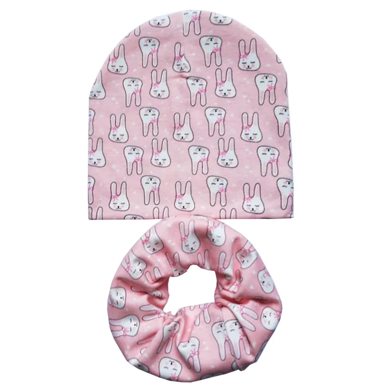 Pink rabbit set Новые осенне-зимние хлопковые детские шапочки, комплект для маленьких девочек, шарф, кольцо для мальчиков, шейный платок, детская шапочка, шапка, шарф, детская шапка Skullies - Цвет: Pink rabbit set