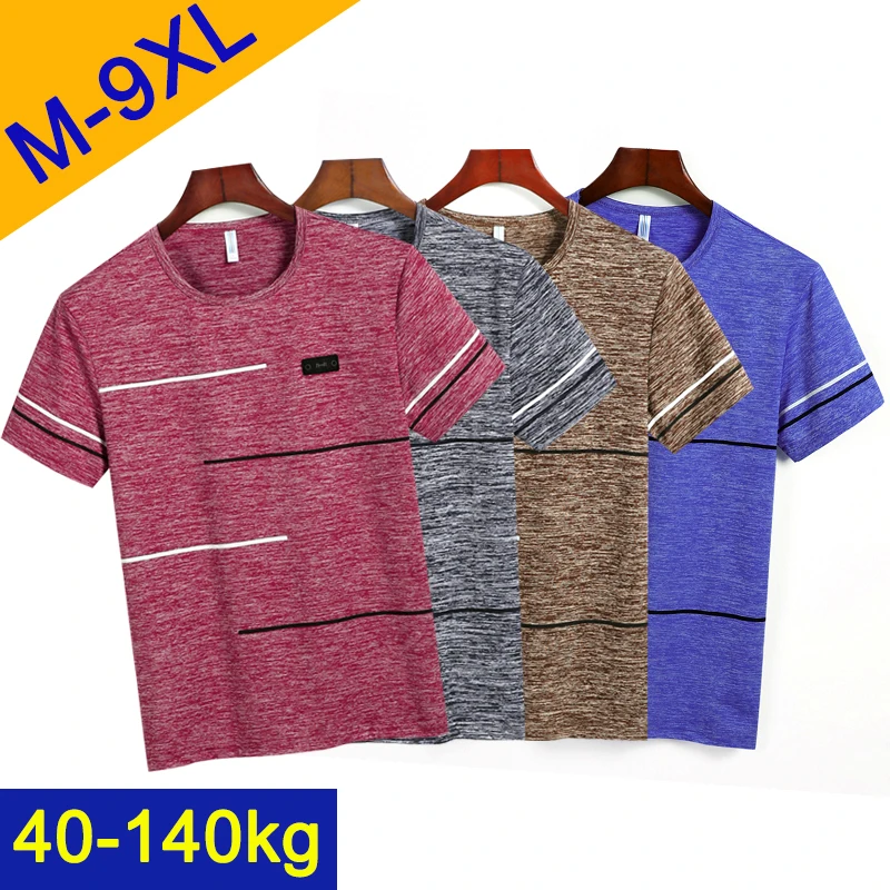 

4Pcs 9XL Summer T shirts Men Clothing Polyester Plus Size 7XL 8XL Male Tshirts Breathable Short Sleeve Strip Top Tees O-Neck