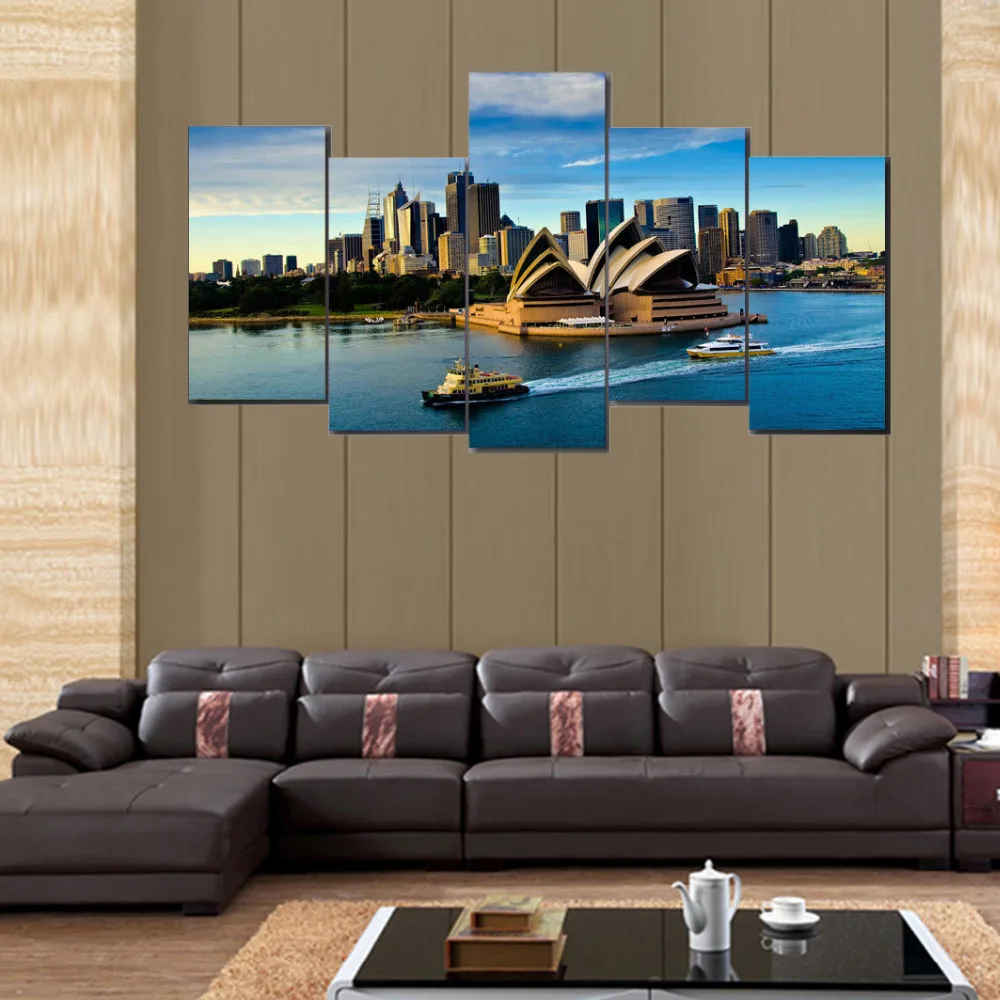 5 Панели Печать холст Сиднейский оперный театр лошадей живопись для Гостиная