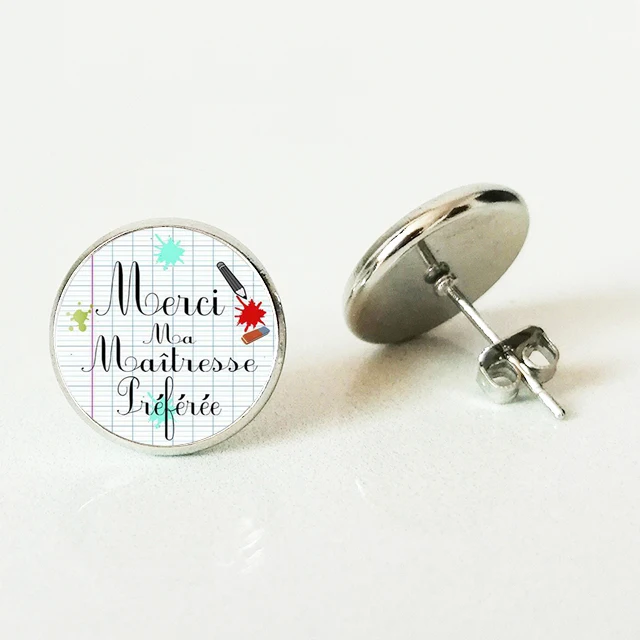 

HOT! Merci Maitresse Stud Earrings Holder Fashion Silver Color Glass Metal Stud Earrings For Men Women Jewelry Teachers Gift