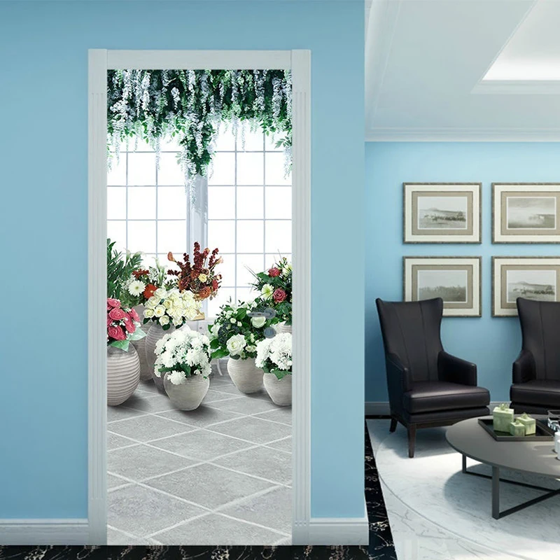 

3D Door Sticker DIY Home Decoration Flower Print Art Picture Decals Self Adhesive Waterproof Mural For Living Room Renovation