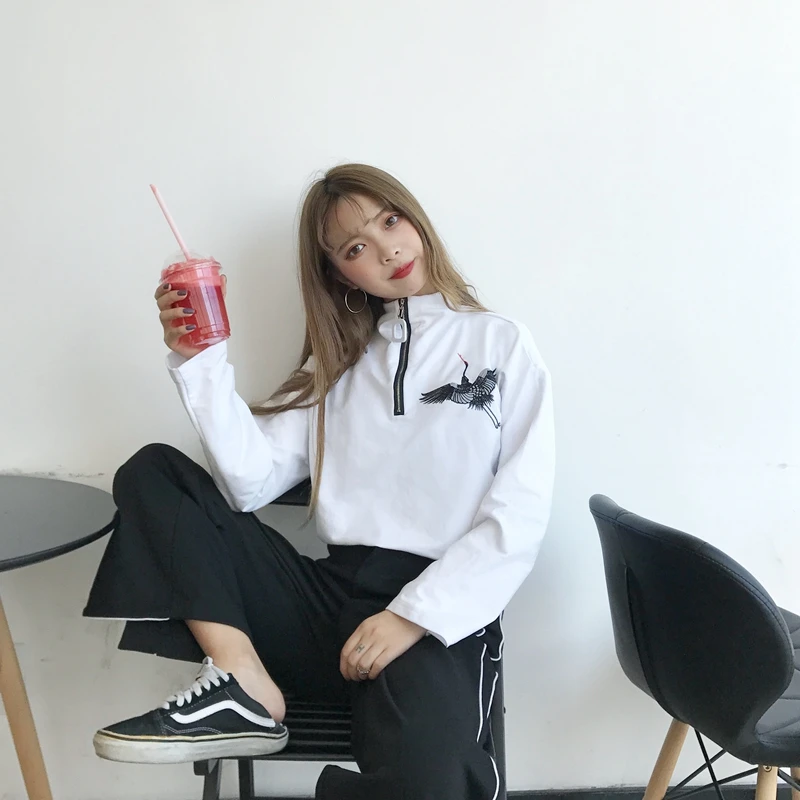 Новая Базовая рубашка Топ Весенняя Корейская Ulzzang Harajuku винтажная вышивка журавлей футболка с длинным рукавом женская футболка на молнии
