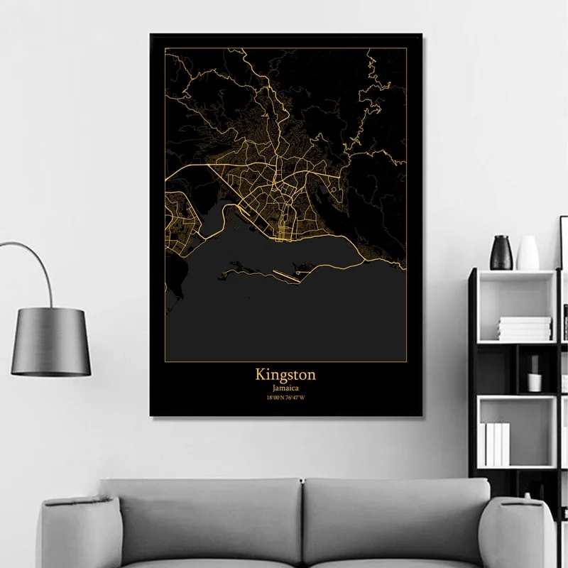 Kingston Jamaica Modern City Gold Map Canvas Art Print Home Room Decor Poster | Дом и сад