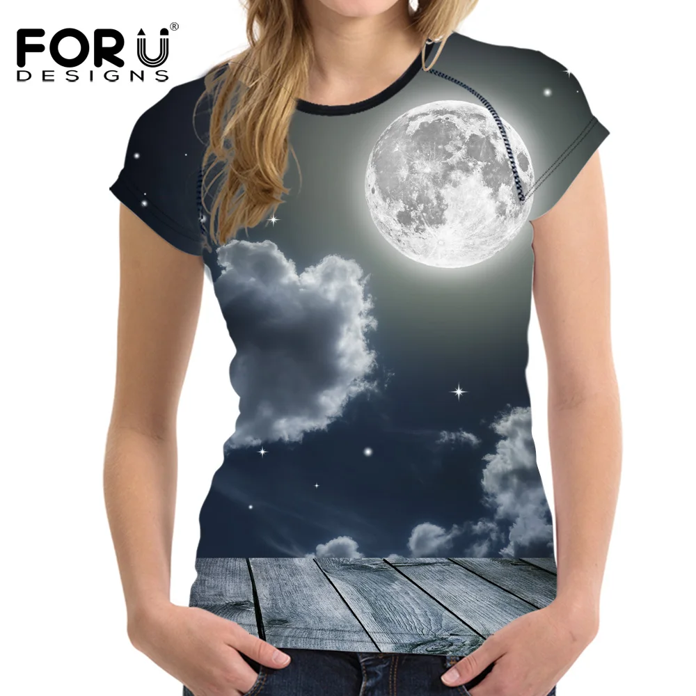 FORUDESIGNS/Яркая футболка с 3D Галактикой, Женская Повседневная классная облегающая одежда с изображением Луны и космоса для девушек, женские топы, летняя футболка XXL