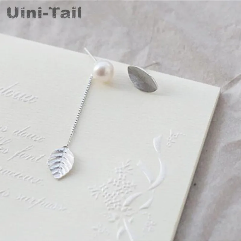 Uini-Tail новые 925 пробы Серебряные Оригинальные асимметричные серьги в виде листьев