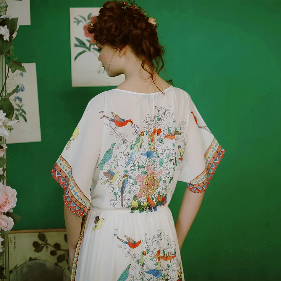 Lynette's chinoiseroy, летнее, дизайн, для женщин, высокое качество, с изображением птиц, с цифровой печатью, свободное, цельное платье