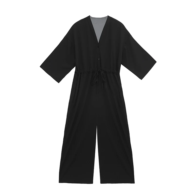 

PERHAPS U Women Black V Neck 3/4 Sleeve Sash Full Length Solid Jumpsuit Casual J0023