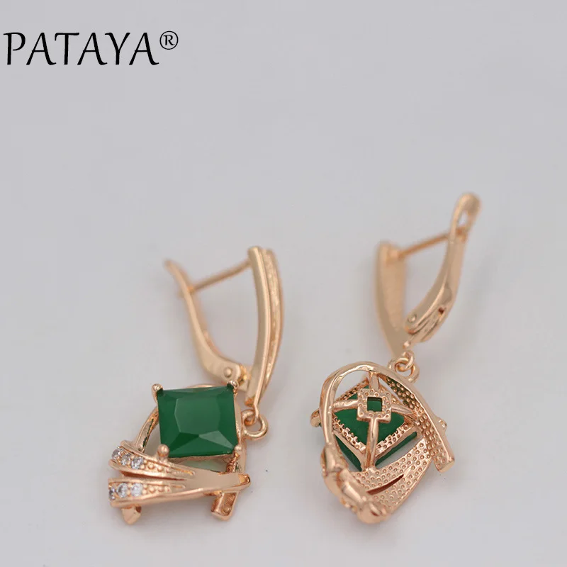 PATAYA 585, длинные серьги из розового золота AB, цветной натуральный кубический цирконий, ювелирные изделия, женские роскошные фиолетовые серьги с квадратной подвеской - Окраска металла: green