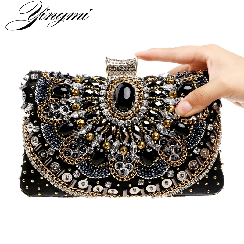 Yingmi Винтаж модные Вышивка Для женщин Ежедневные клатчи Сумки Стразы Бисер