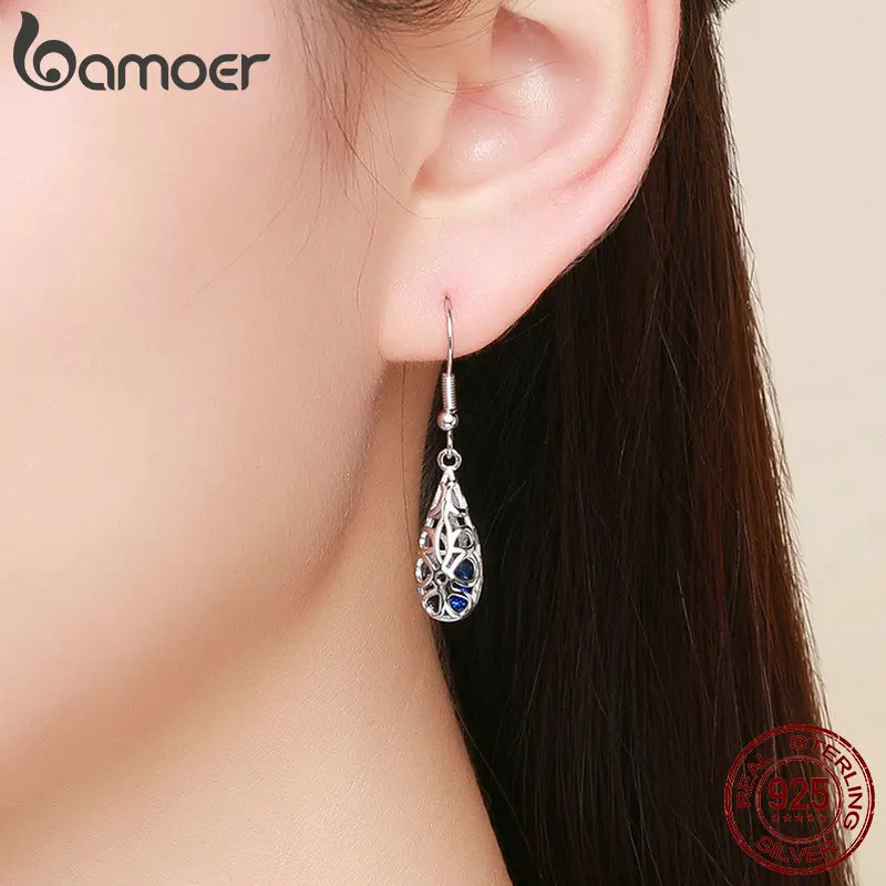 BAMOER 925 пробы серебряные серьги-капельки геометрические простые ажурные Висячие серьги для женщин подлинные серебряные ювелирные изделия SCE466