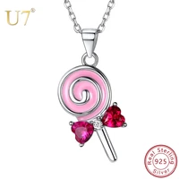 u7 925 sterling silver cute lollipop candy necklaces gift for women girl kids pink cubic zirconia crystal bowknot silver jewelry