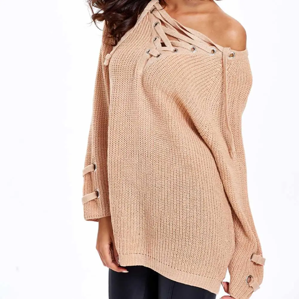 Autumn Winter 2018 New Arrival Leisure Europe America Style And V-neck Hollowed Lace-Up Long Loose Korean Sweater | Женская одежда