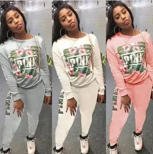 Женский спортивный костюм из двух предметов, Розовый Топ с длинным рукавом и круглым вырезом и облегающие длинные брюки с надписью на осень