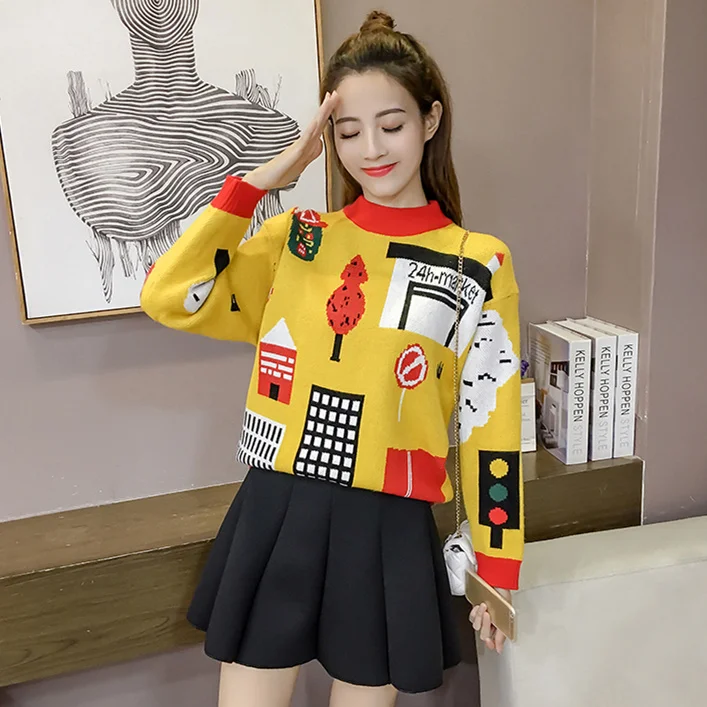 Autumn Winter Christmas Sweater Women Harajuku Print Pullover Half Turtleneck Knitted Sweaters Jumpers Pull truien dames MY788 | Женская