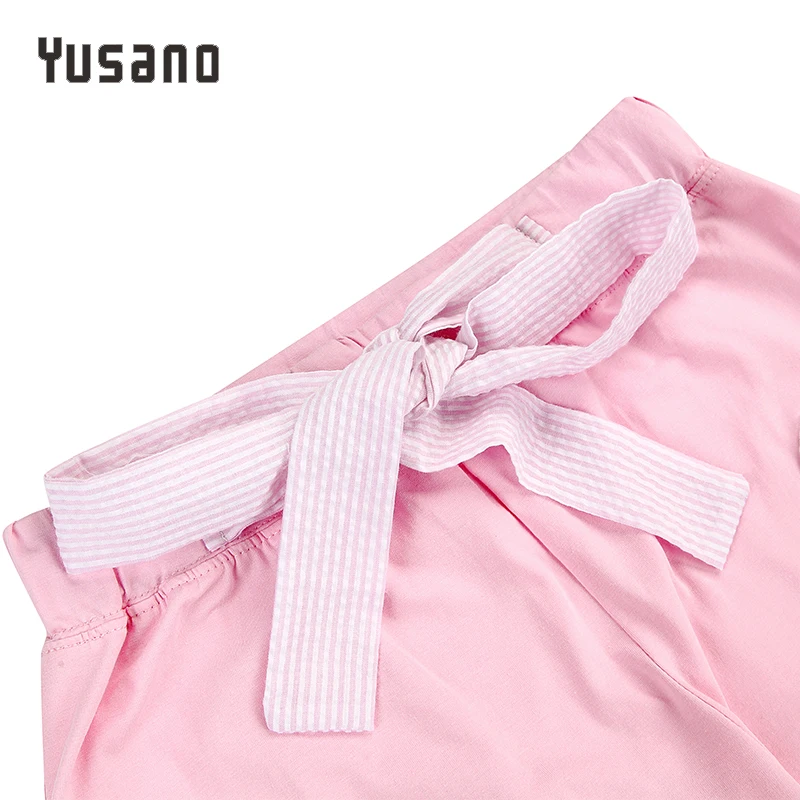 Yusano 2017 Pajamas Women Embroidery Camisole Short Sleeve Ruffle Sleepwear Girl Blue Pink Stripe Homewear Cotton Top+Long Pants | Женская