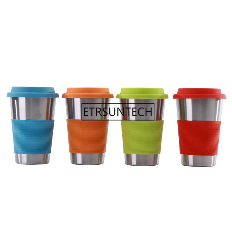 

30Pcs 4 colors 16oz Single Wall Stainless Steel Cup With Silicone Lids Water Coffee Non-slip Sleeves Mug Milk Tea Dinking Cup