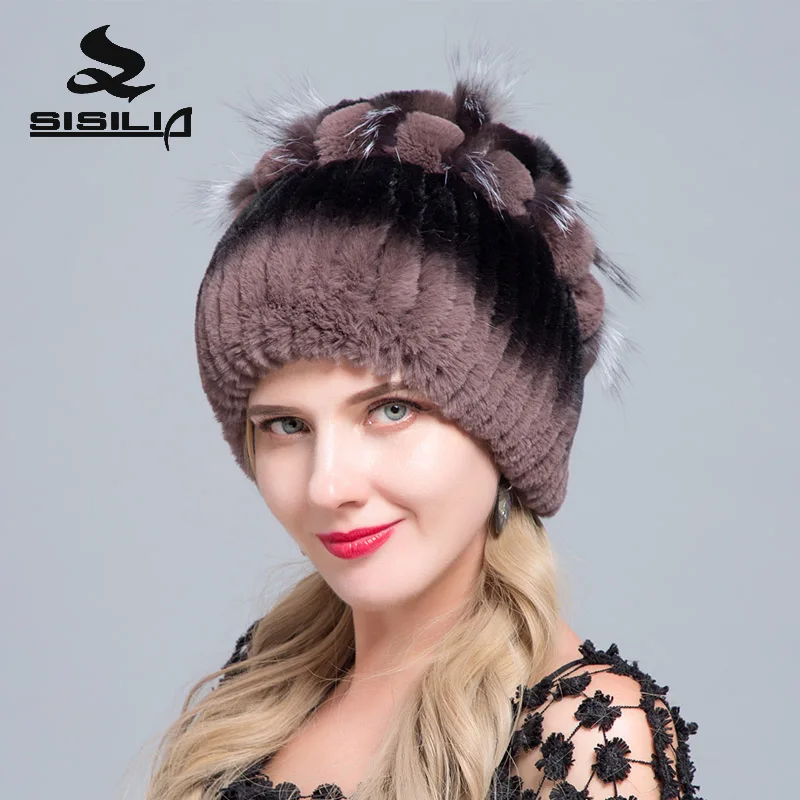 SISILIA 2018 НОВАЯ шапка из меха кролика рекс с лисьим мехом Siliver женская зимняя