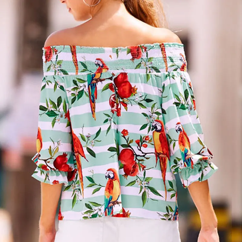 Boho летняя блузка рубашка без бретелек с открытыми плечами Ruched Slash Neck 3/4 рукав