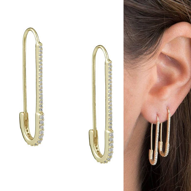 unique designer paperclip safety pin studs fashion elegant women jewelry gold filled delicate cz earring 2018 new