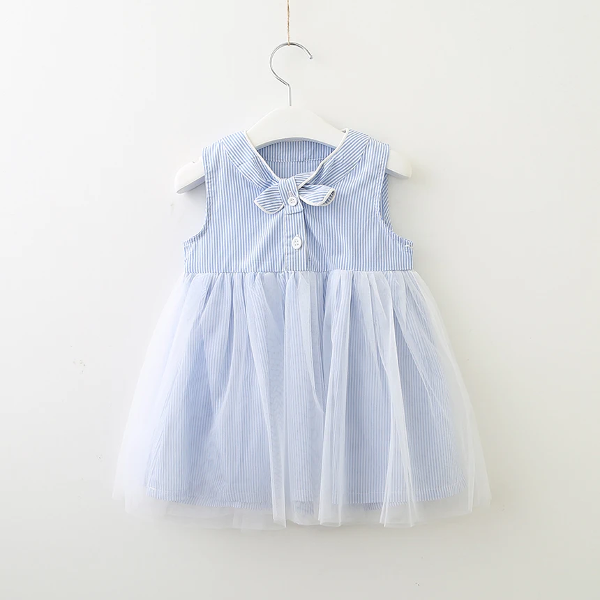 Hurave bow striped botton mesh summer Baby Girls Dress Clothes Children Sleeveless Kids Crew Neck causal Dresses | Детская одежда и