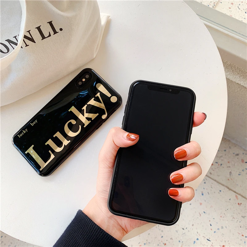 pure color gold stamping lucky Black white soft shell phone Case For Apple iphone 6 6s 7 8 Plus X XS XR MAX |