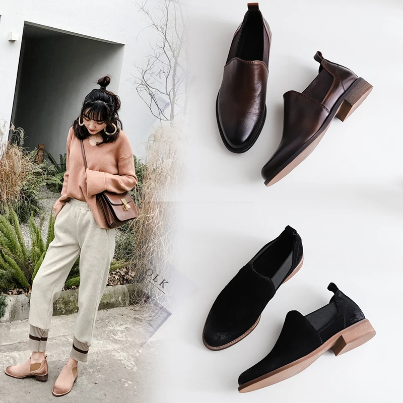 women's Genuine Leather Pumps 22-24.5 cm Low heel round toe vintage Fashion casual shoes Spring and autumn wild sexy Hand made