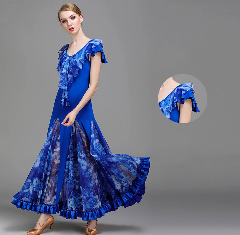 Ballroom Dance Competition Dresses Flamenco Standard Waltz Tango CHEAPEST D0977- Blue with Big Hem Ruffles | Тематическая одежда и