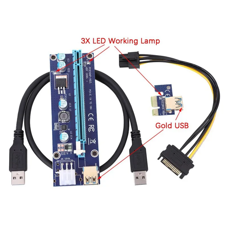 EDAL PCI E 009S Riser 6 Pin 16X для BTC Mining с 3 светодиодными Экспресс картами Sata кабель питания и
