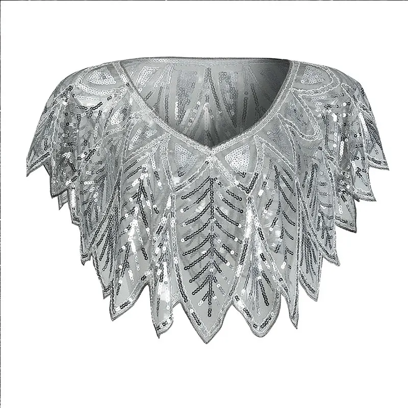 Silver Shawl Черная шаль накидка болеро с бисером пройма в винтажном стиле 1920s большой Гэтсби Хлопушка арт деко ручной работы - Цвет: Silver Shawl