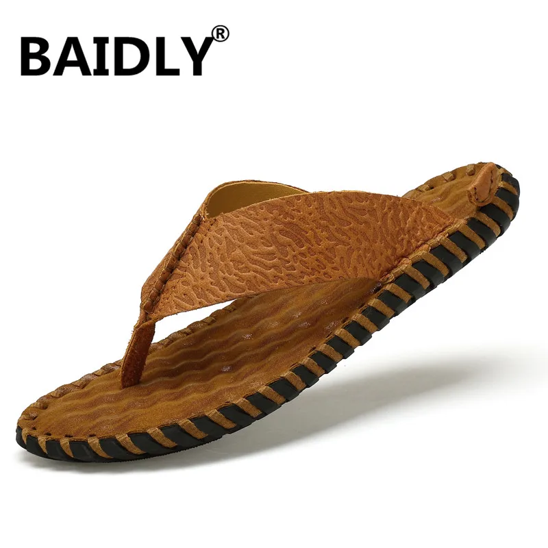 Мужские Пляжные Шлепанцы из натуральной кожи сандалии на плоской подошве