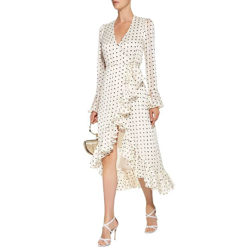 Женское платье в горошек Корейском стиле с v образным вырезом длинным